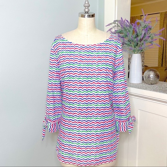 Talbots Tunic Top Colorful Whale Tail Wavy Print Tie Sleeve Popover Blouse - Picture 3 of 10